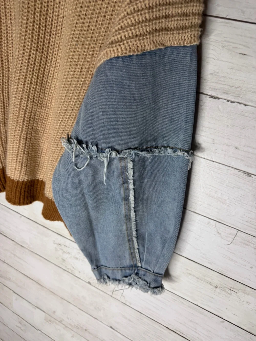 Debut Most Hype Knit Sweater Denim Sleeves Boho Western Oversized Boutique S/M - Picture 3 of 6